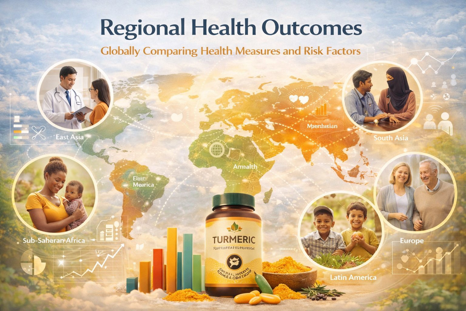 Regional health outcomes illustration showing global comparison of health indicators, risk factors, and population health across different regions of the world