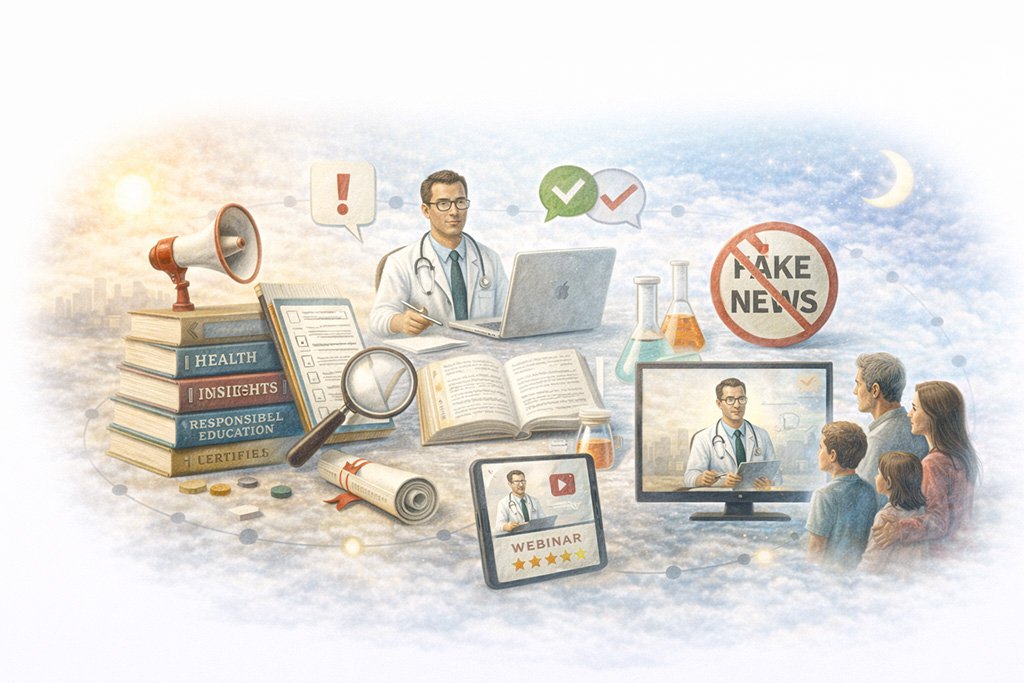 Illustration representing responsible health education, including reliable medical information, scientific communication, and public health awareness