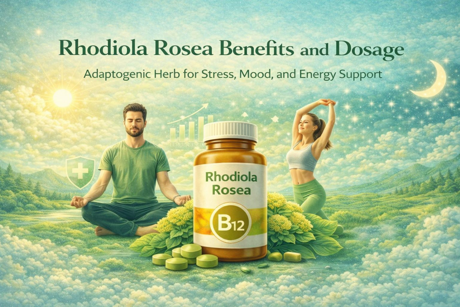 Rhodiola supplement infographic showing benefits for stress reduction, mental performance, energy levels, and adaptogenic support