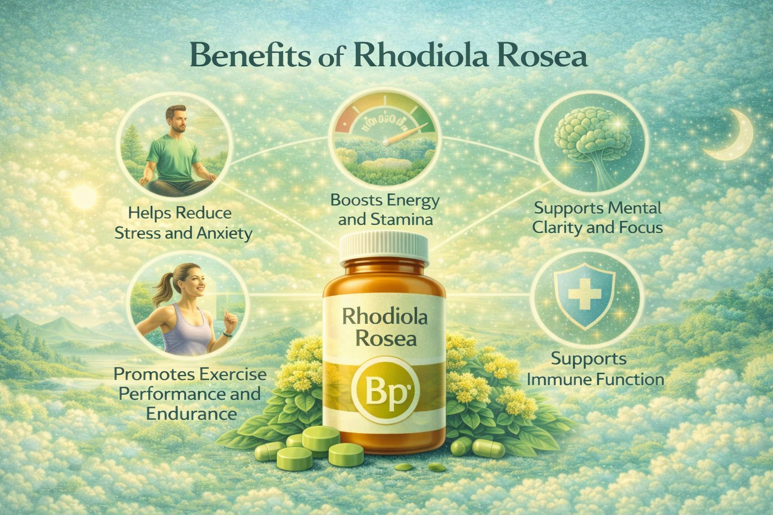 Infographic showing key benefits of Rhodiola rosea including stress reduction, improved mood, mental clarity, and physical endurance