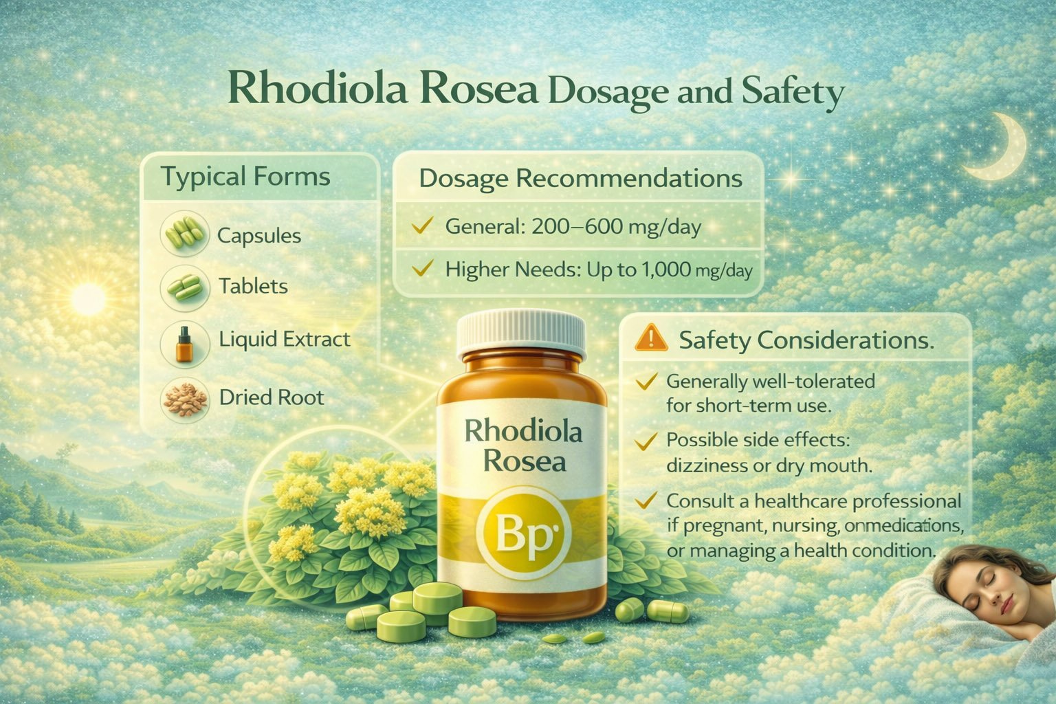 Infographic showing Rhodiola rosea dosage recommendations, safety guidelines, and proper supplement use for stress and fatigue support