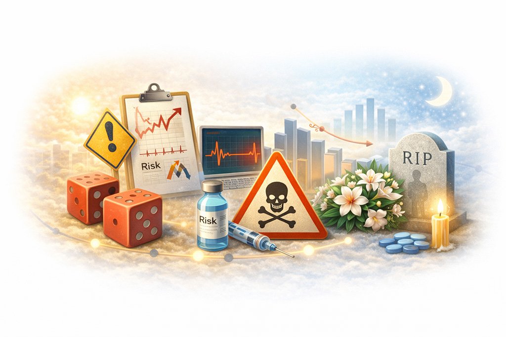 Illustration representing health risks and mortality factors including medical monitoring, warning signs, and survival statistics