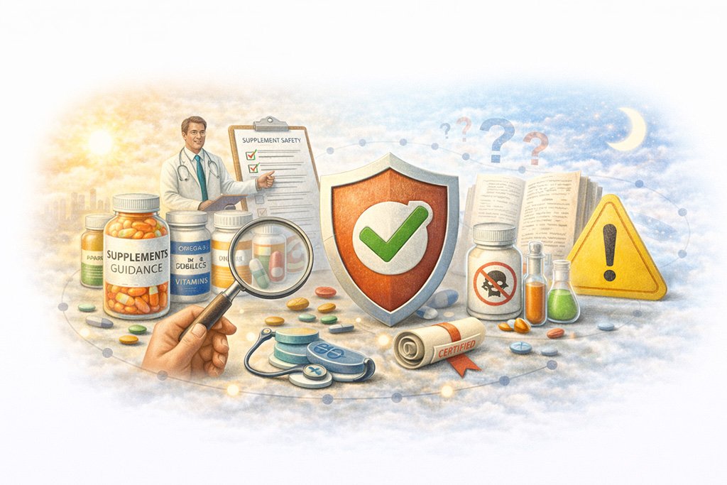 Illustration representing safe supplement use, including proper guidance, safety checks, and responsible health product selection