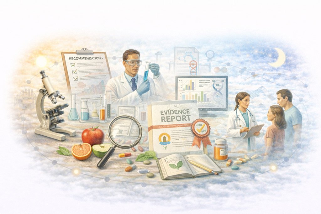 Illustration representing science-informed health recommendations based on research evidence, clinical analysis, and professional medical guidance