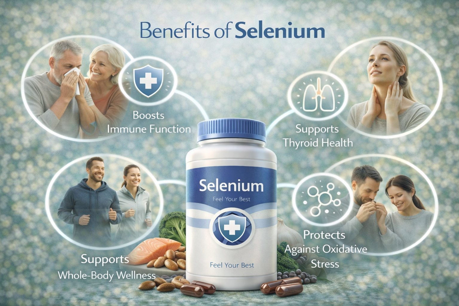 Infographic showing key benefits of selenium including antioxidant protection, thyroid support, immune function, and cellular health