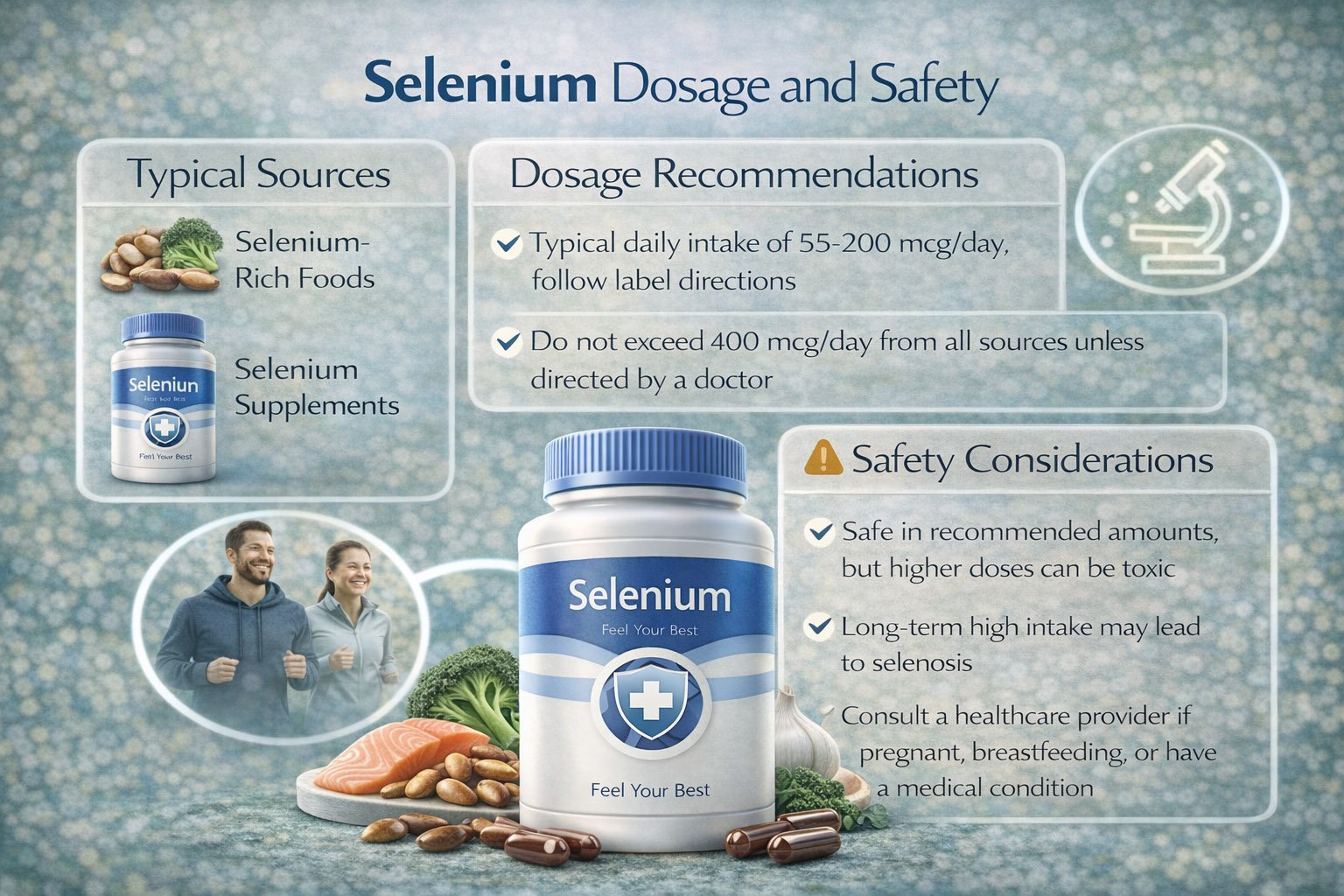 Infographic showing selenium dosage recommendations, safety guidelines, and proper supplement use for thyroid and antioxidant support