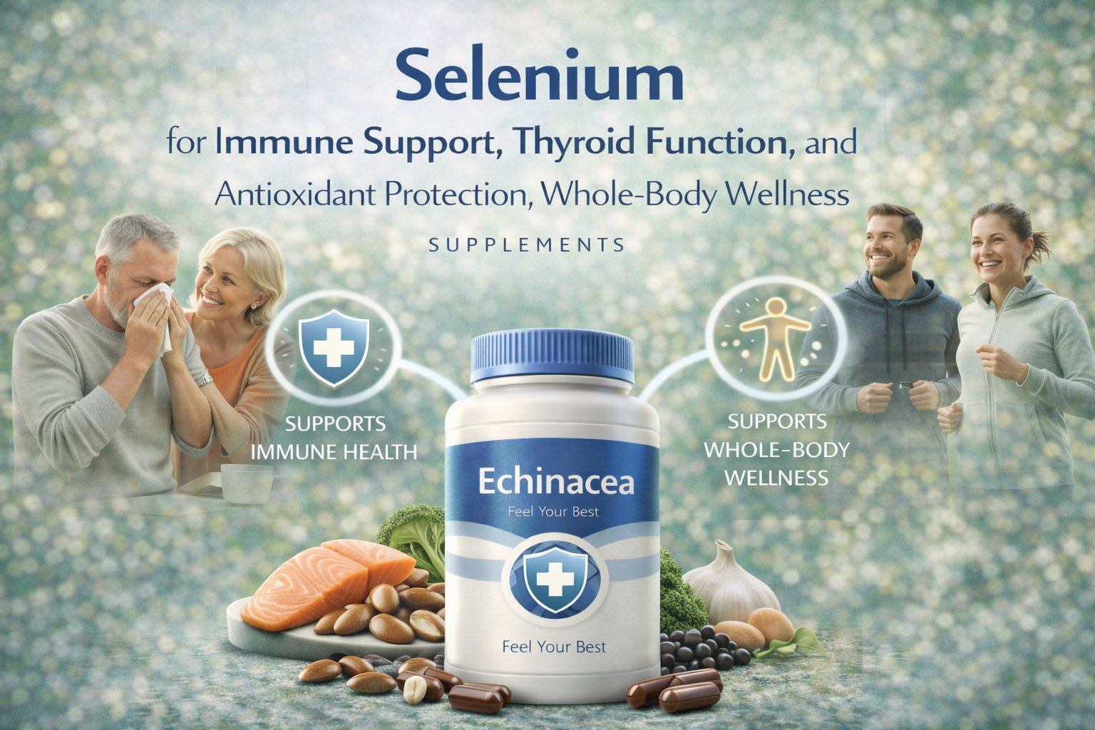 Selenium supplement infographic showing benefits for antioxidant protection, thyroid function, immune support, and cellular health
