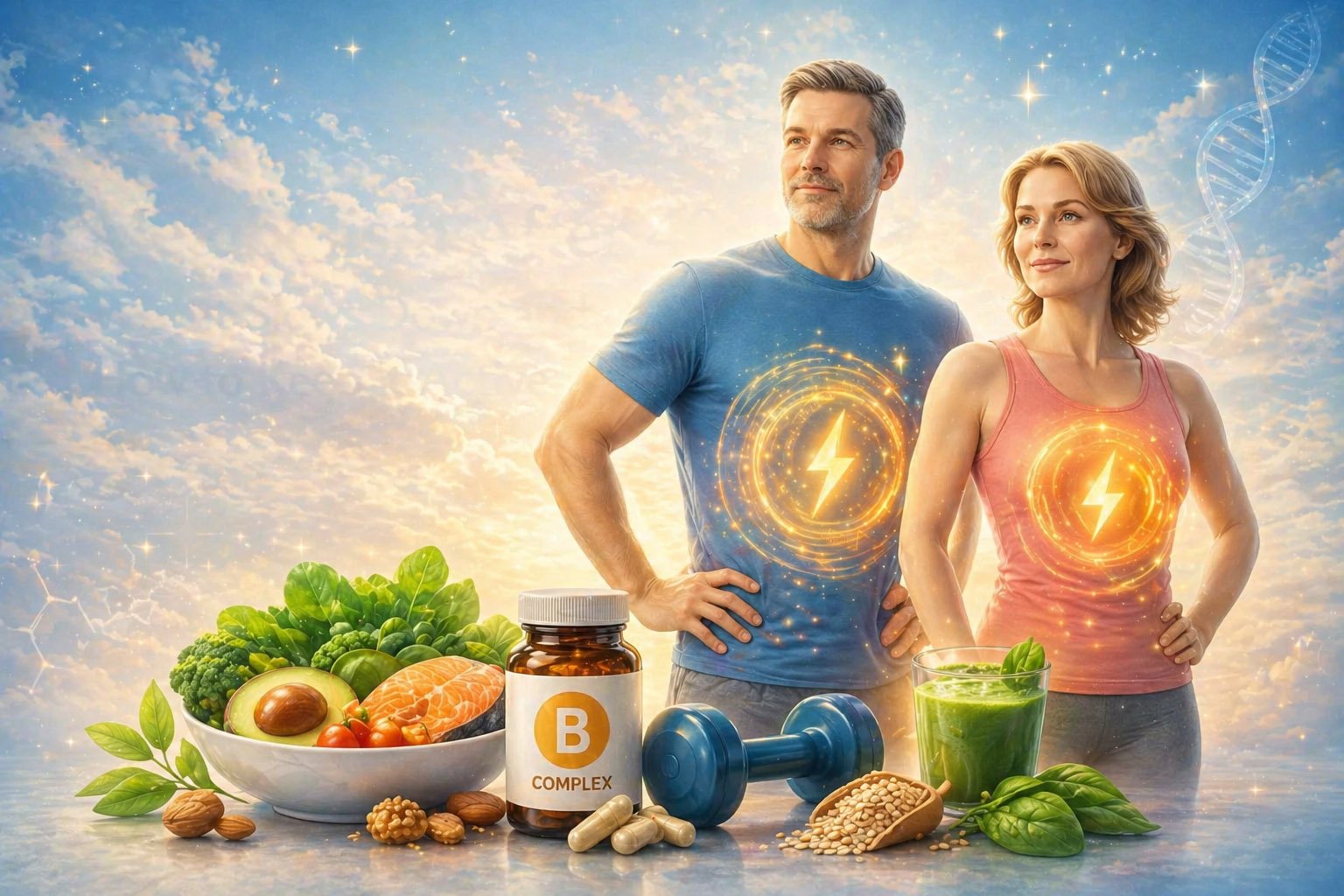 Middle-aged man and woman showing signs of slow metabolism with low energy, weight gain, and fatigue symbols