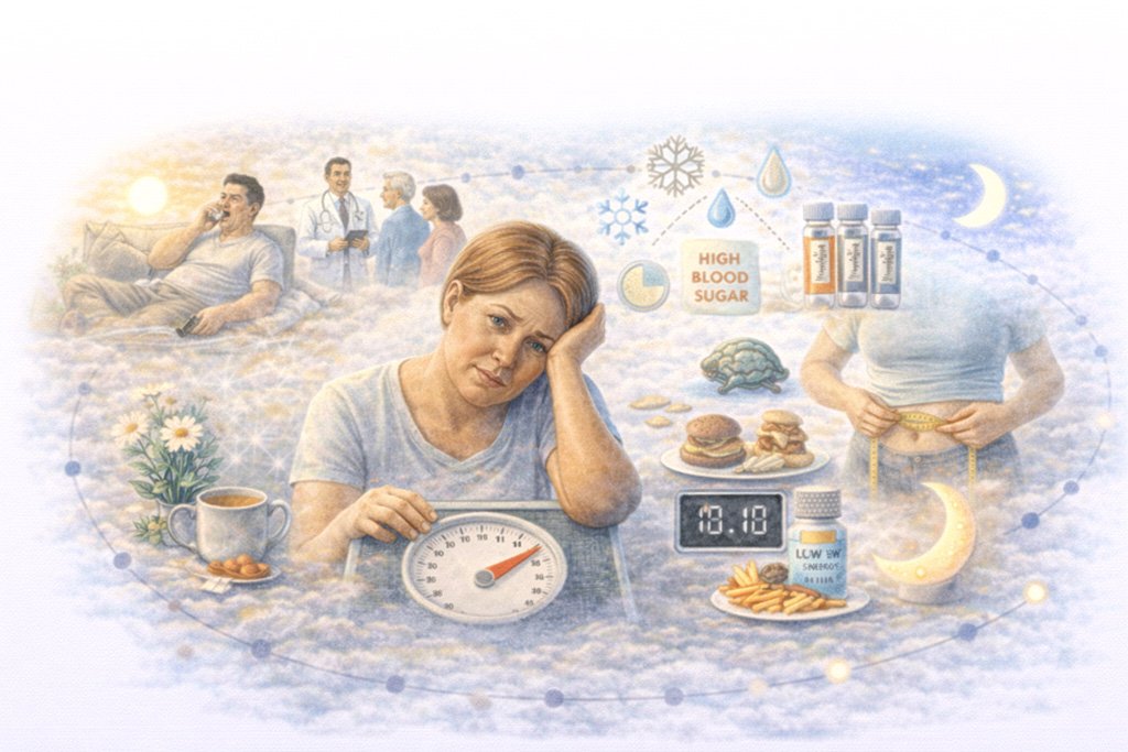 Illustration representing common signs associated with slow metabolism, including low energy, weight changes, and metabolic health indicators