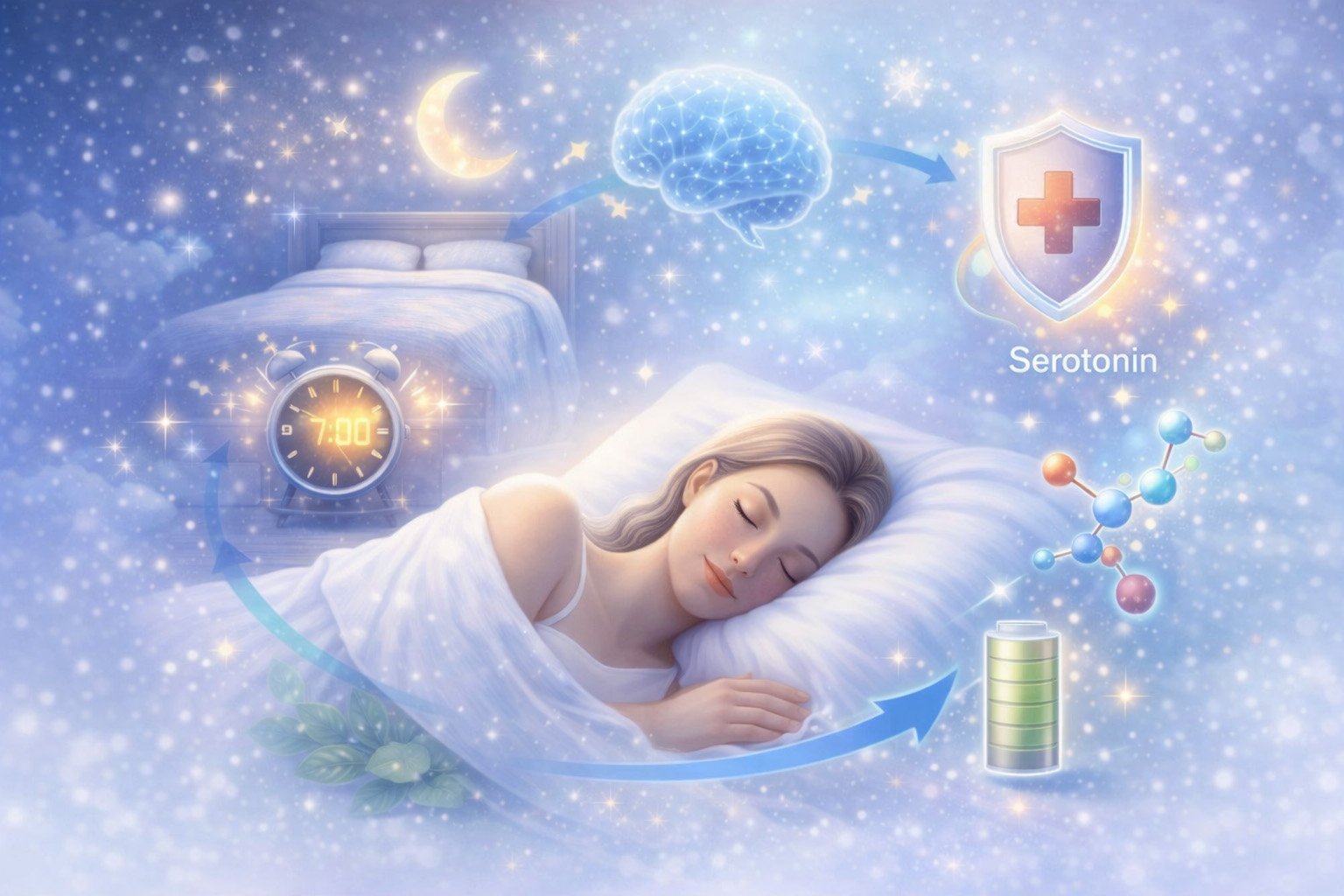 Woman sleeping peacefully illustrating how healthy sleep supports brain function, hormones, and energy restoration