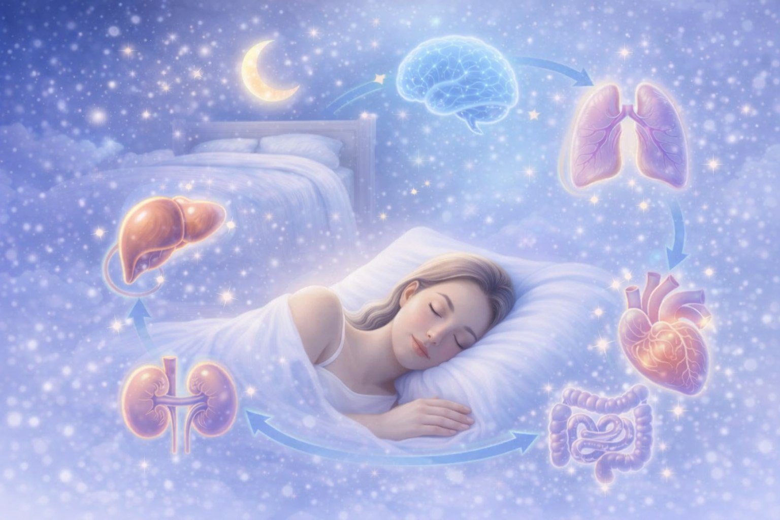 Illustration showing the health benefits of quality sleep for vital organs, recovery, and overall body function