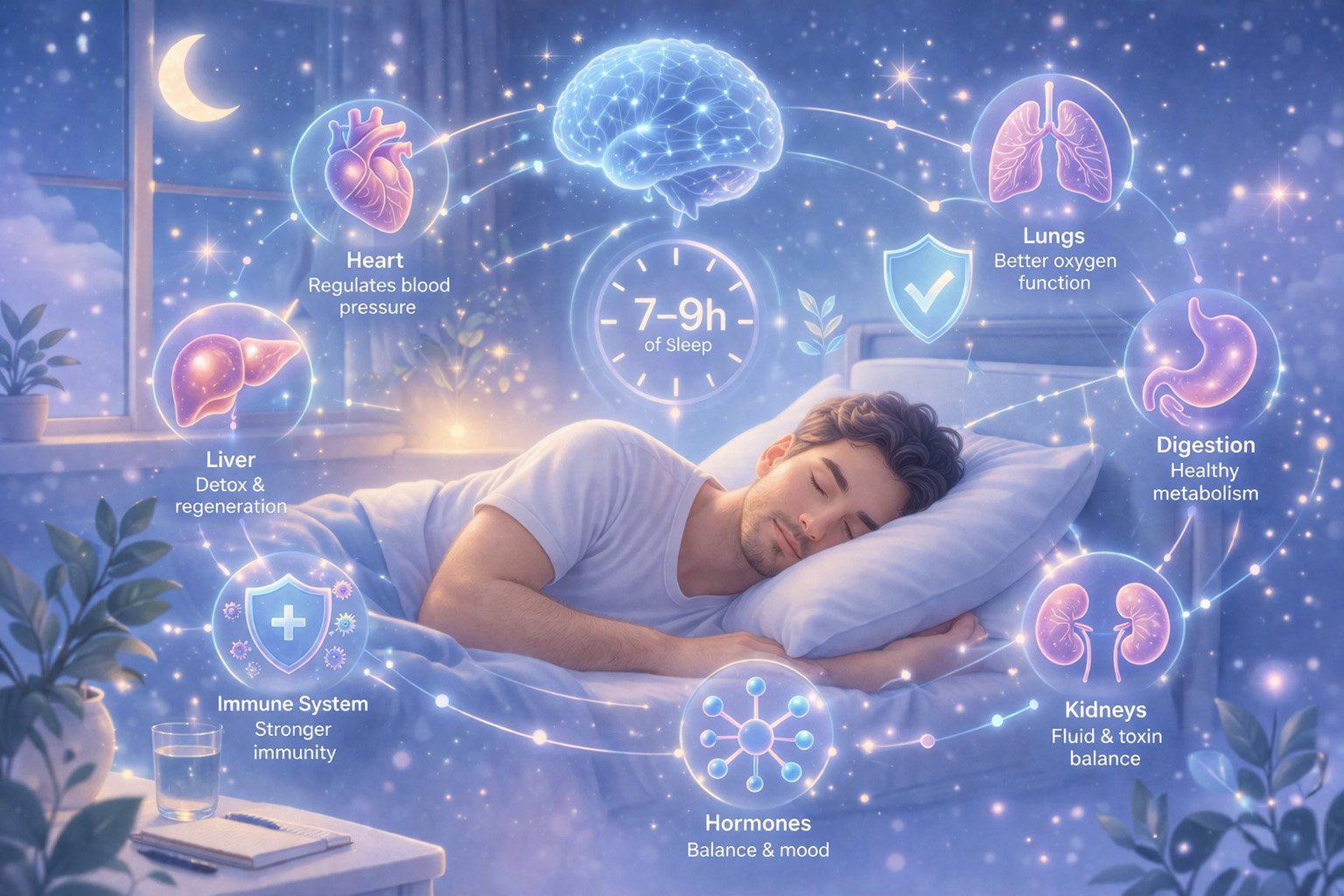 Illustration showing how quality sleep supports brain, heart, hormones, and immune system for overall health and recovery
