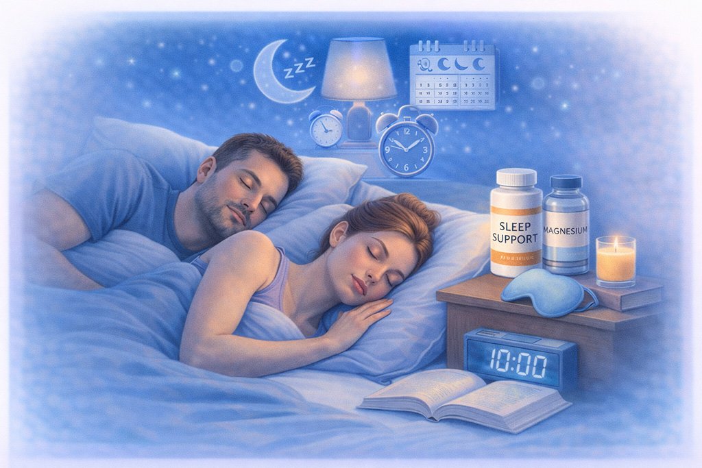 Young adults sleeping peacefully in a calm nighttime environment following healthy sleep hygiene habits