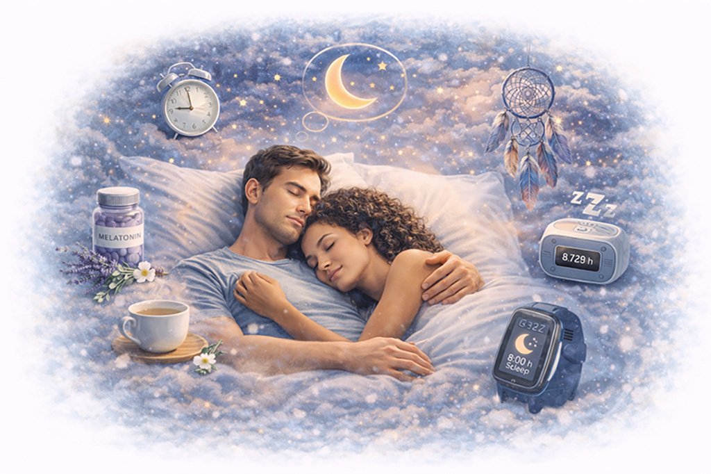 Illustration showing healthy sleep habits, restful night sleep, and routines that support sleep quality and recovery.