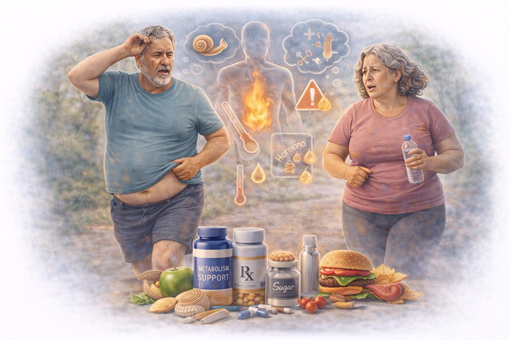 Slow metabolism symptoms including low energy, difficulty losing weight, and reduced calorie burning during daily activities