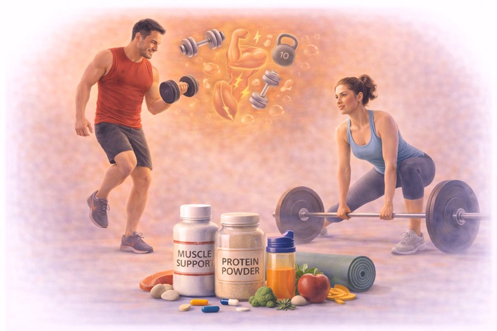 Young adults performing strength training exercises with weights to build muscle strength and improve physical fitness