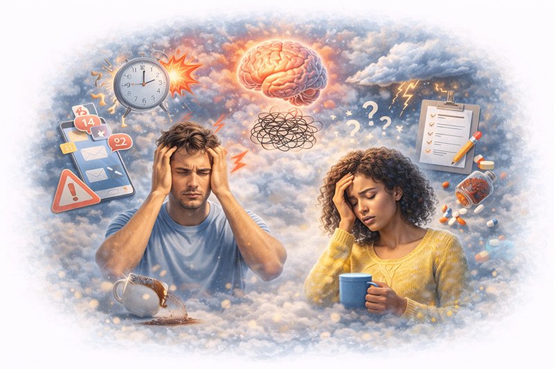 Illustration showing stress and anxiety symptoms, including mental tension, emotional strain, and daily stress factors affecting well-being.