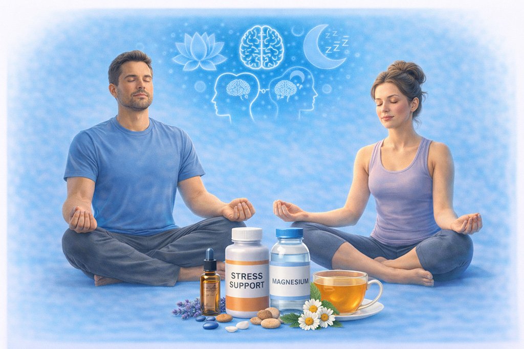 Young adults practicing meditation and relaxation techniques to manage stress and support mental well-being