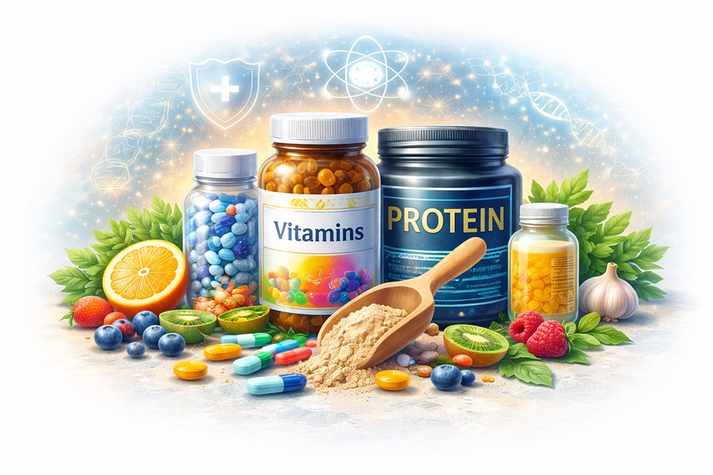 Dietary supplements illustration with vitamins, minerals, protein powder, and natural ingredients