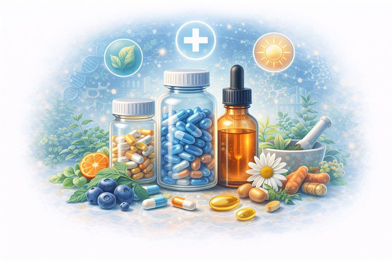 Illustration showing dietary supplements, vitamins, and wellness products supporting daily health and nutritional balance.