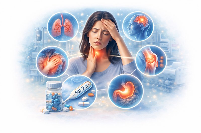 Illustration showing common health symptoms affecting different parts of the body, including lungs, brain, joints, and digestive system.