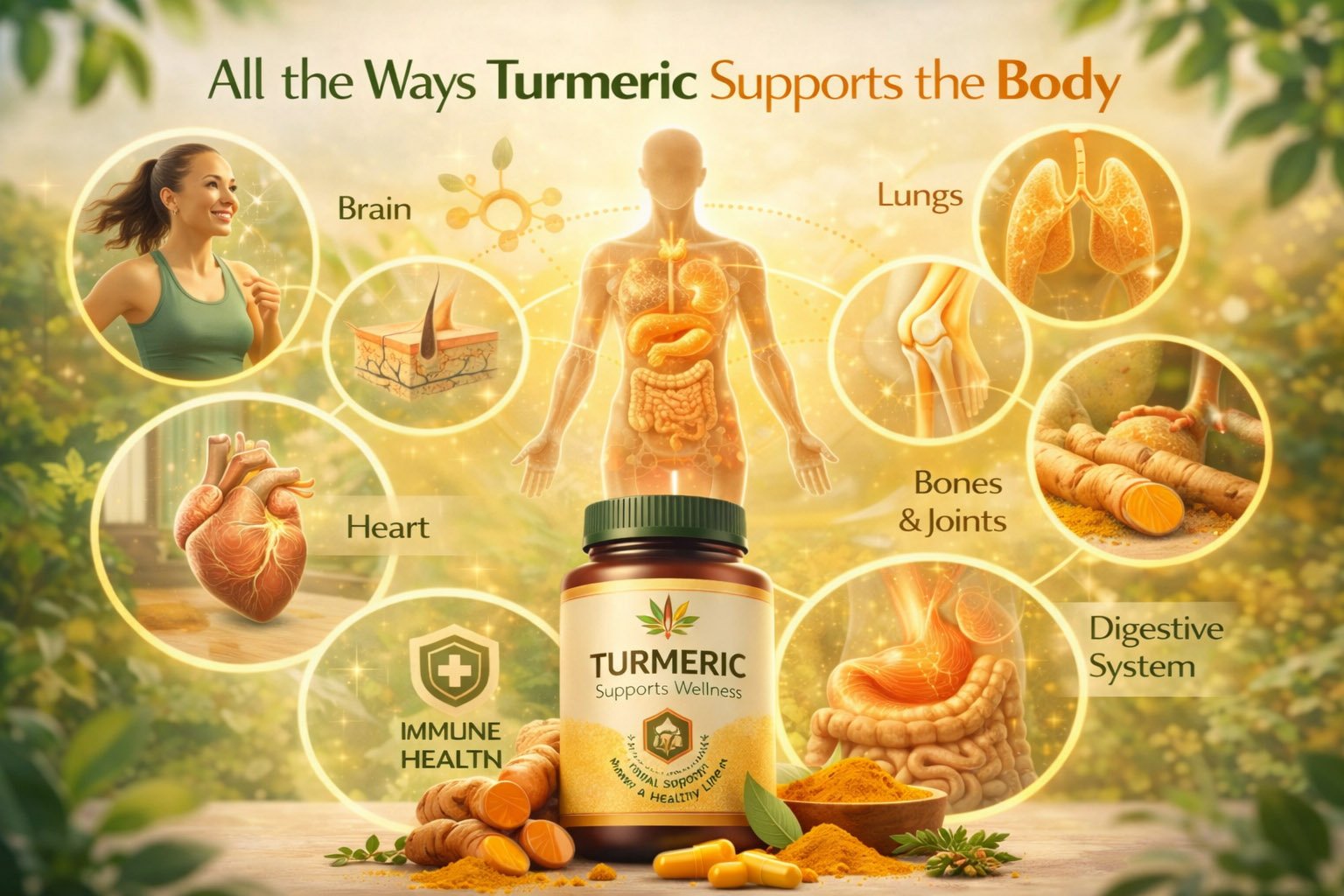 Turmeric health benefits illustration showing support for metabolism, joints, immune system, digestion, and overall wellness