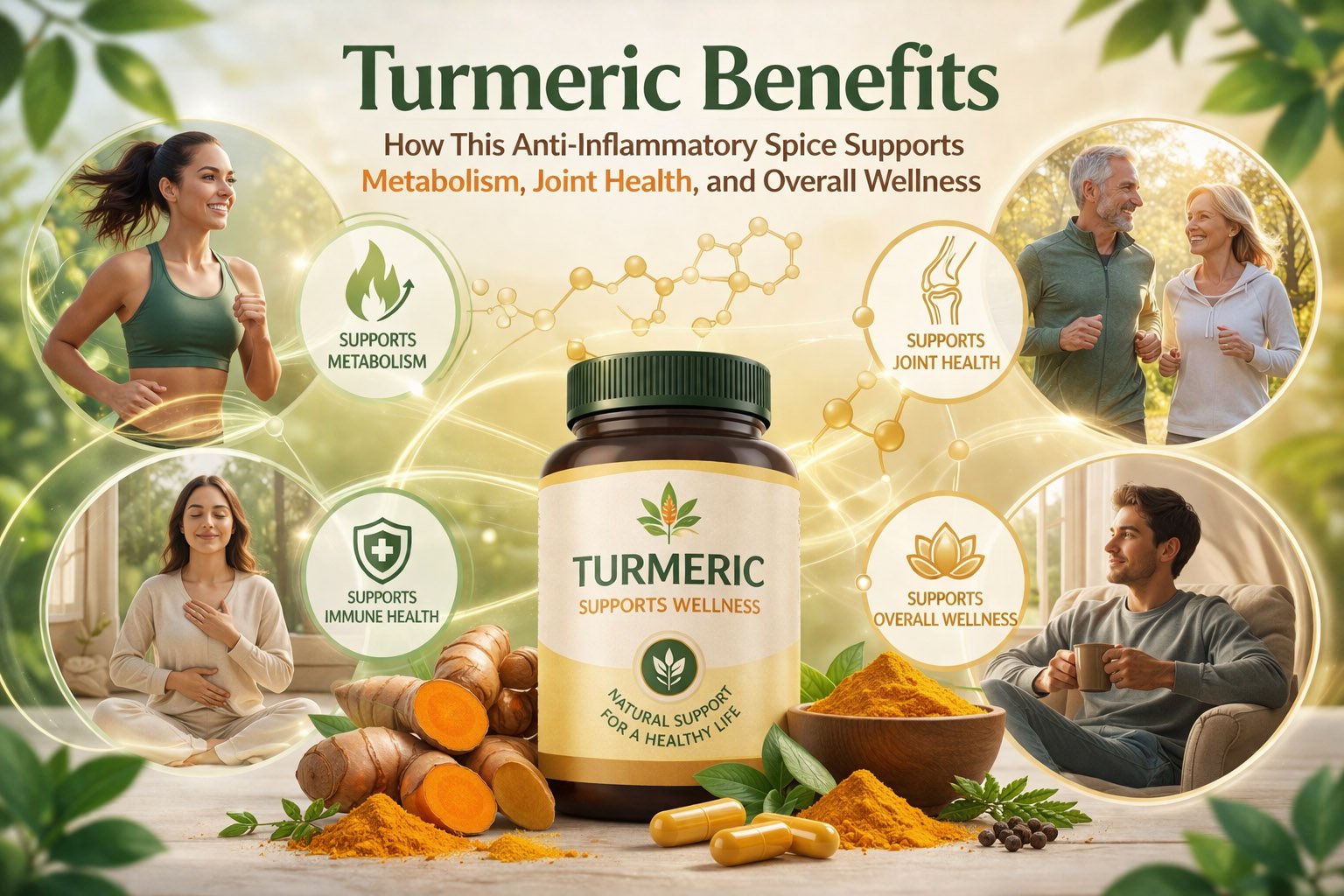 Turmeric benefits illustration showing how curcumin supports metabolism, joint health, immune function, and overall wellness