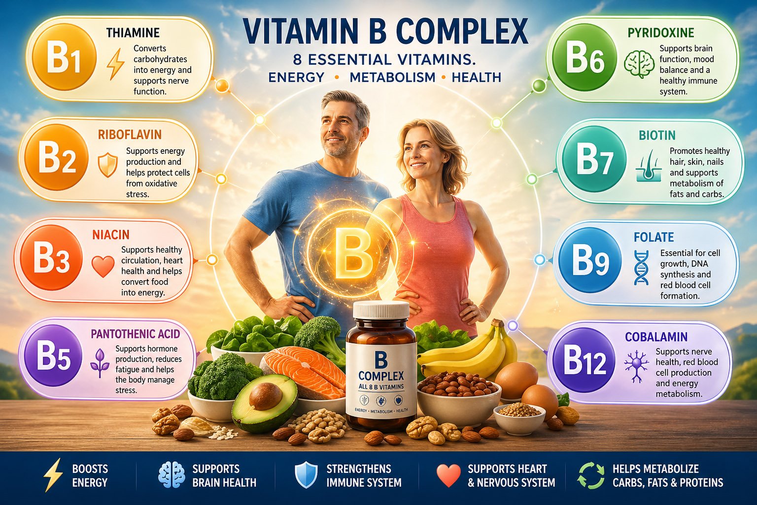 Vitamin B Complex chart showing all B vitamins and their benefits for energy, metabolism, brain function, and overall health