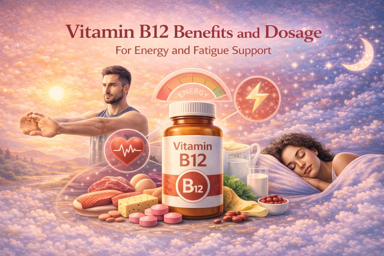 Vitamin B12 supplement infographic showing benefits for energy production, brain function, and red blood cell formation