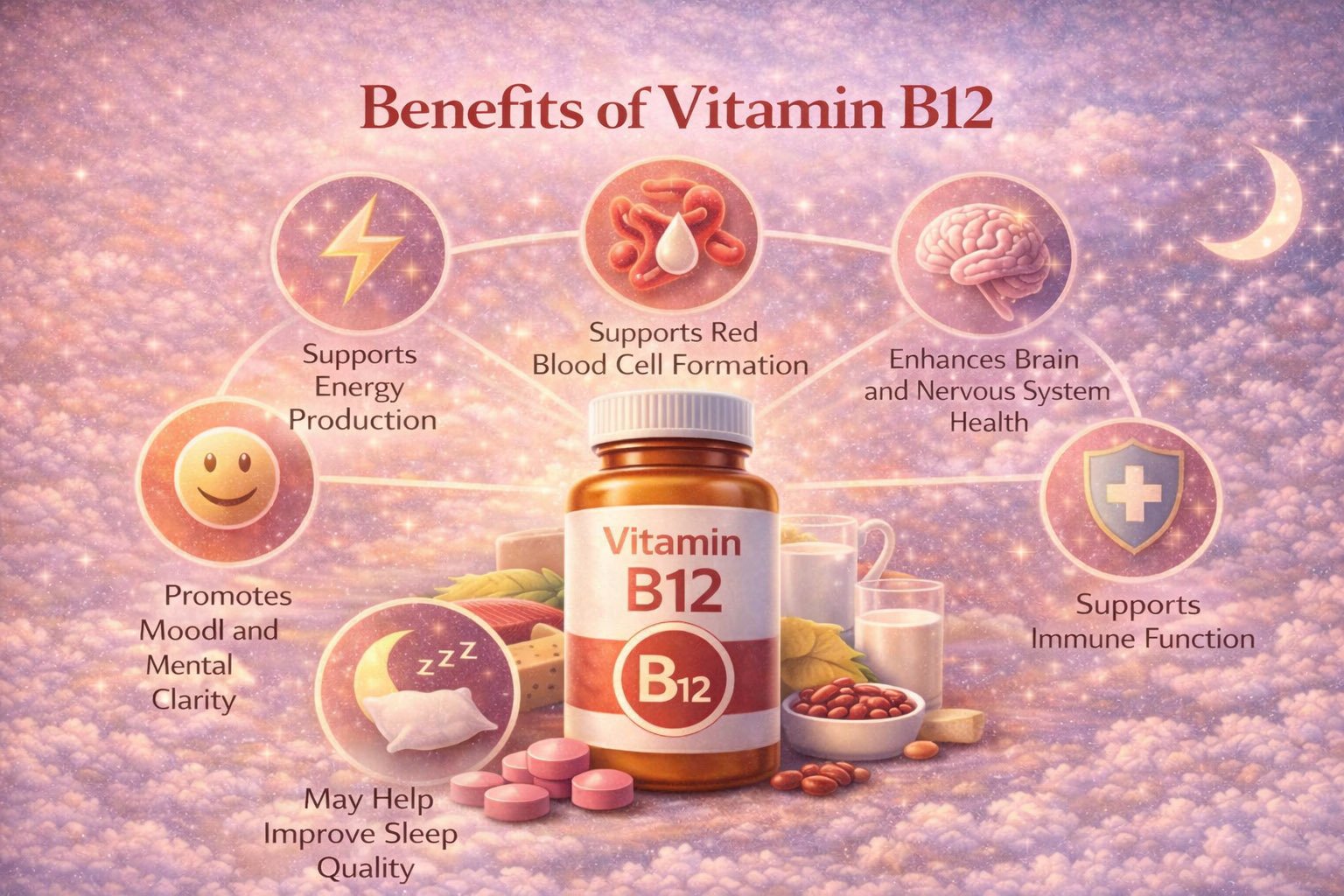 Infographic showing key benefits of vitamin B12 including energy production, brain health, nervous system support, and red blood cell formation