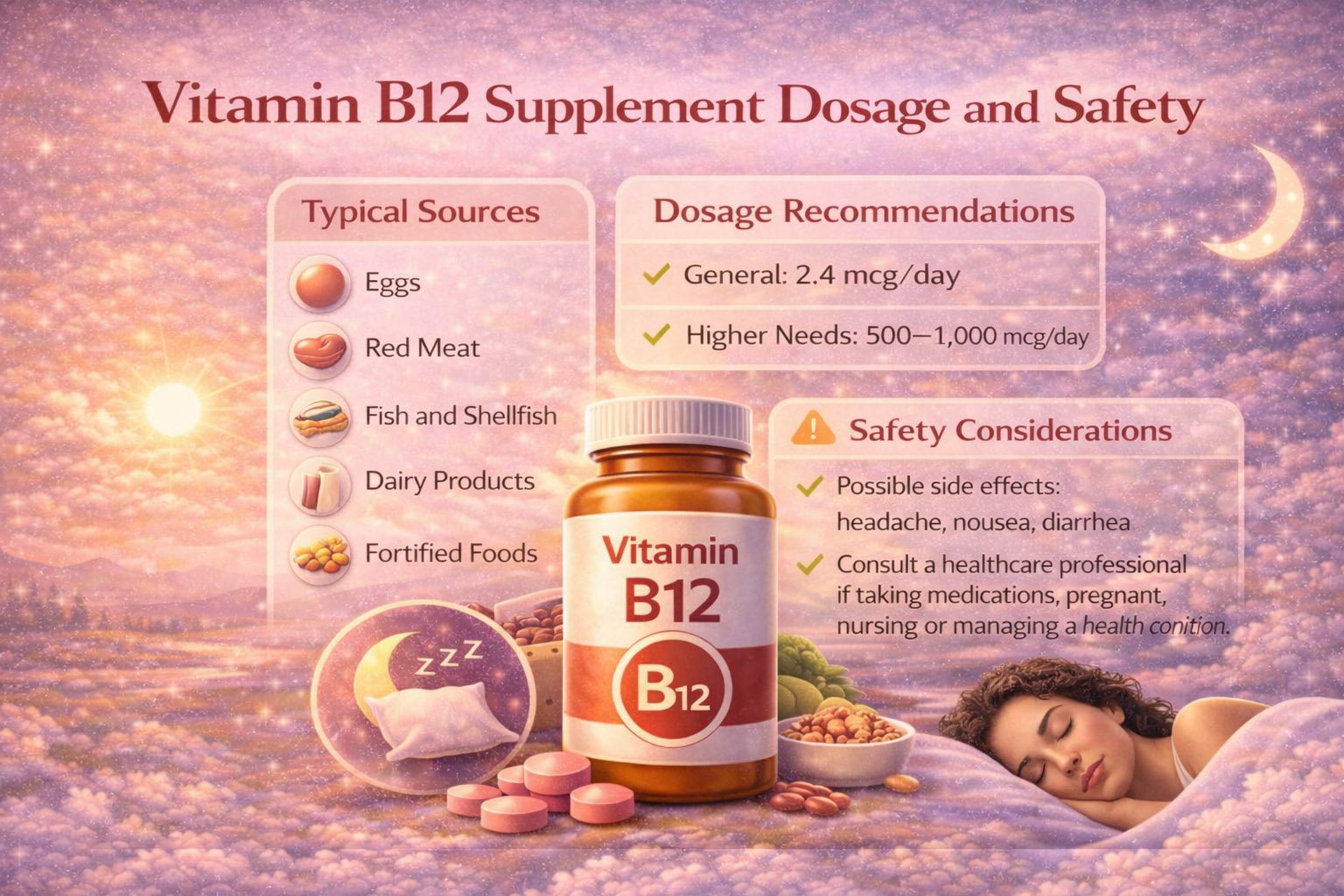 Infographic showing vitamin B12 supplement dosage recommendations, safety guidelines, and daily intake information for adults