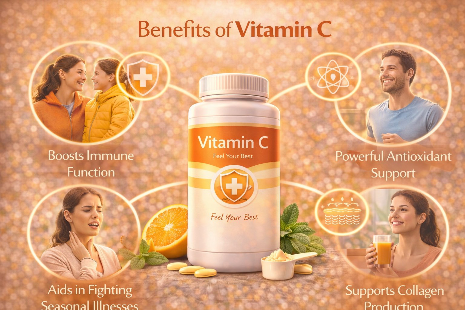 Infographic showing key benefits of vitamin C including immune support, antioxidant protection, collagen production, and skin health