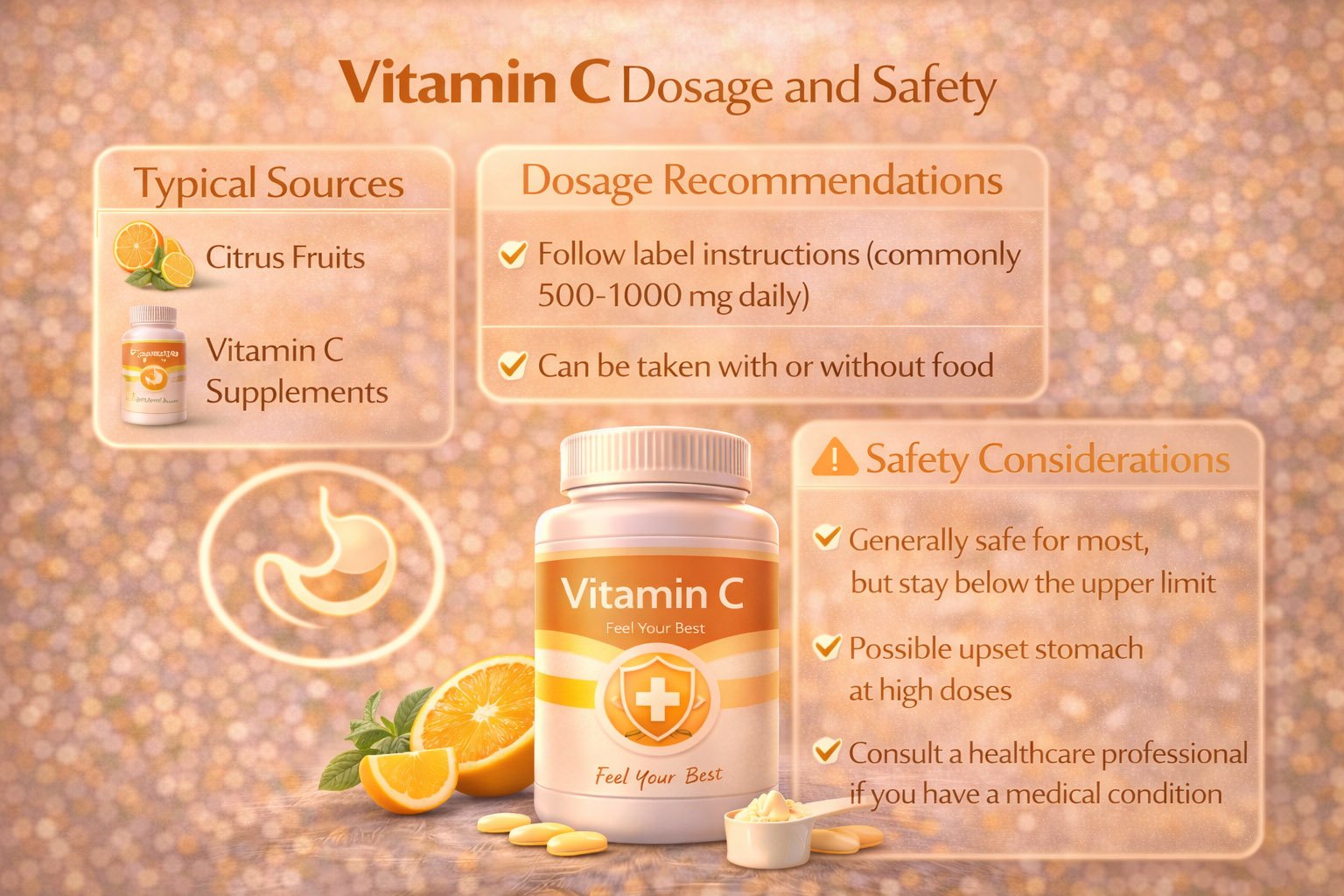Infographic showing vitamin C dosage recommendations, safety guidelines, and proper supplement use for immune and overall health support