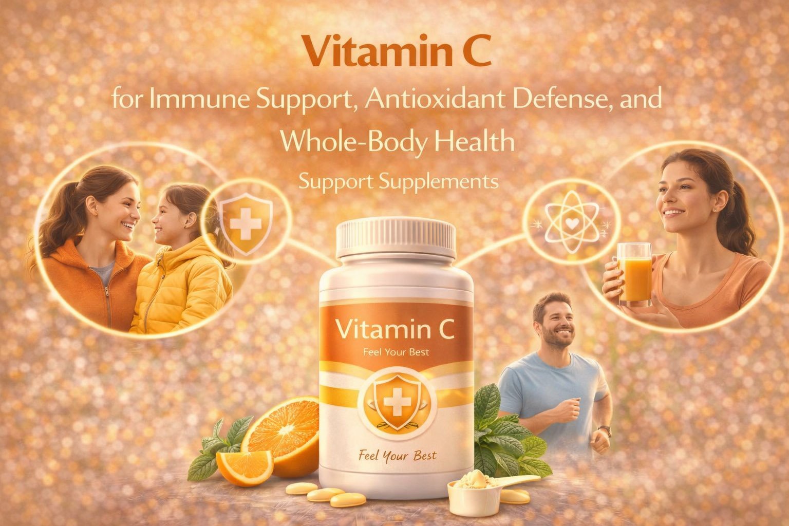 Vitamin C supplement infographic showing benefits for immune support, antioxidant protection, skin health, and overall wellness