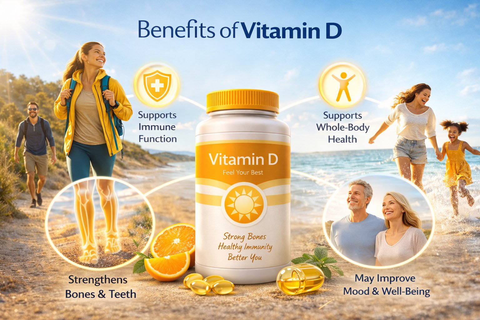 Infographic showing key benefits of vitamin D including bone strength, immune support, calcium absorption, and muscle function