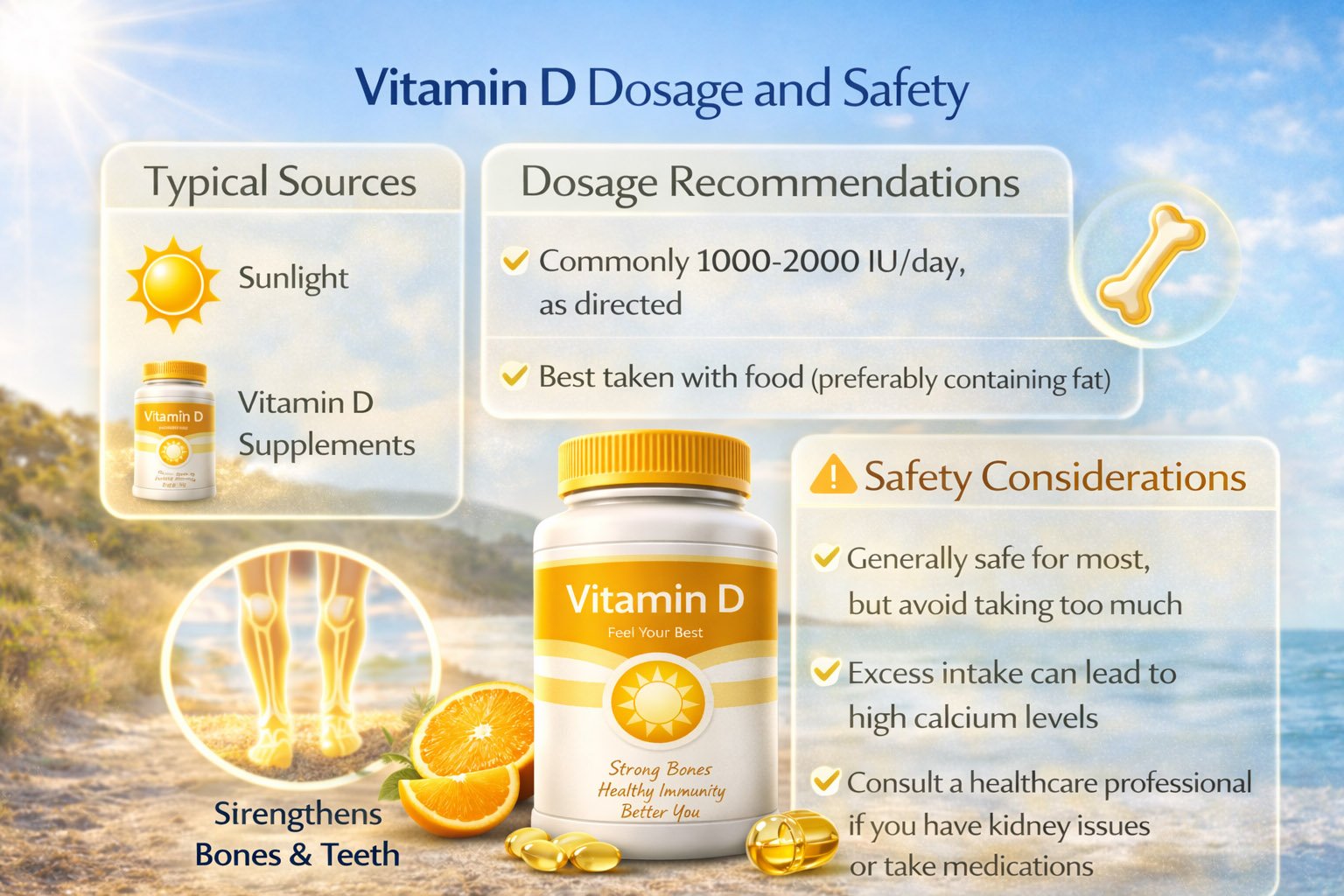 Infographic showing vitamin D dosage recommendations, safety guidelines, and proper supplement use for bone and immune health support