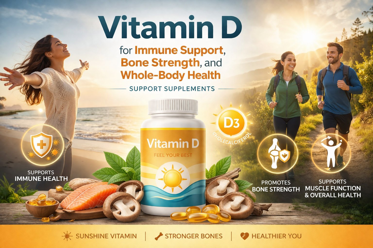Vitamin D supplement infographic showing benefits for bone health, immune support, calcium absorption, and muscle function