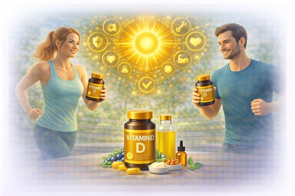 Vitamin D supplements with active adults exercising outdoors under sunlight to support bone health, immunity and energy