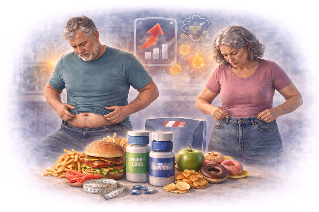 Weight gain symptoms including increased body weight, abdominal fat accumulation, and difficulty managing body weight
