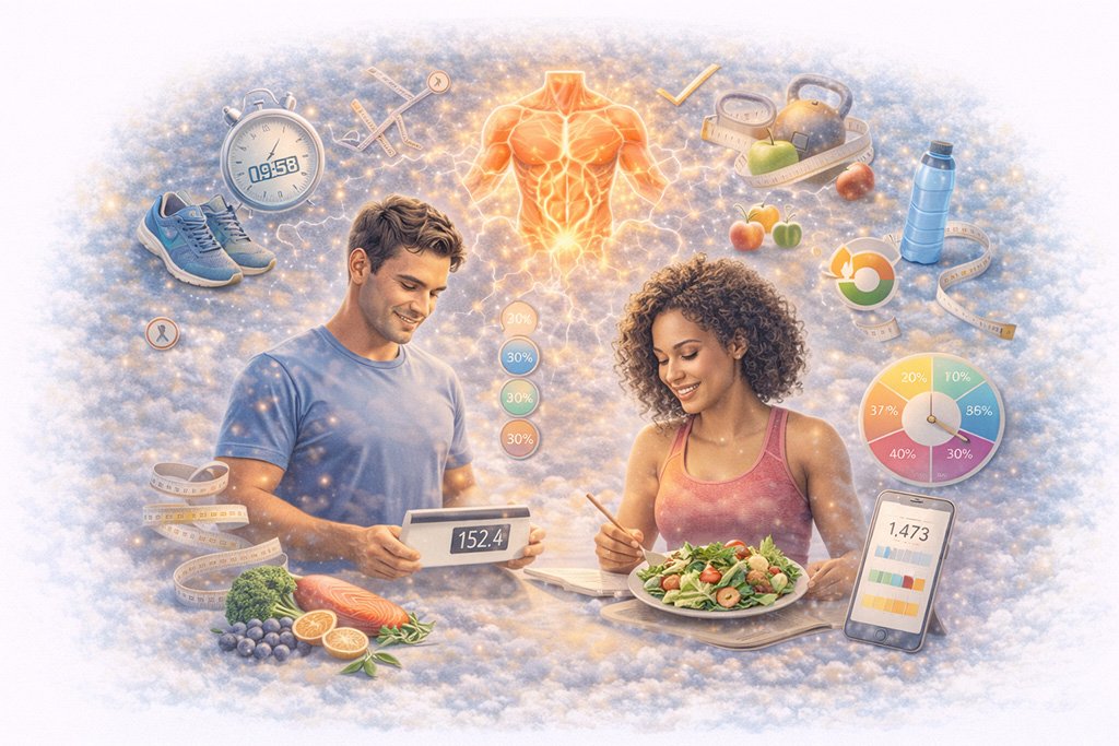 Weight loss and metabolism concepts including healthy diet, physical activity, and body fat regulation
