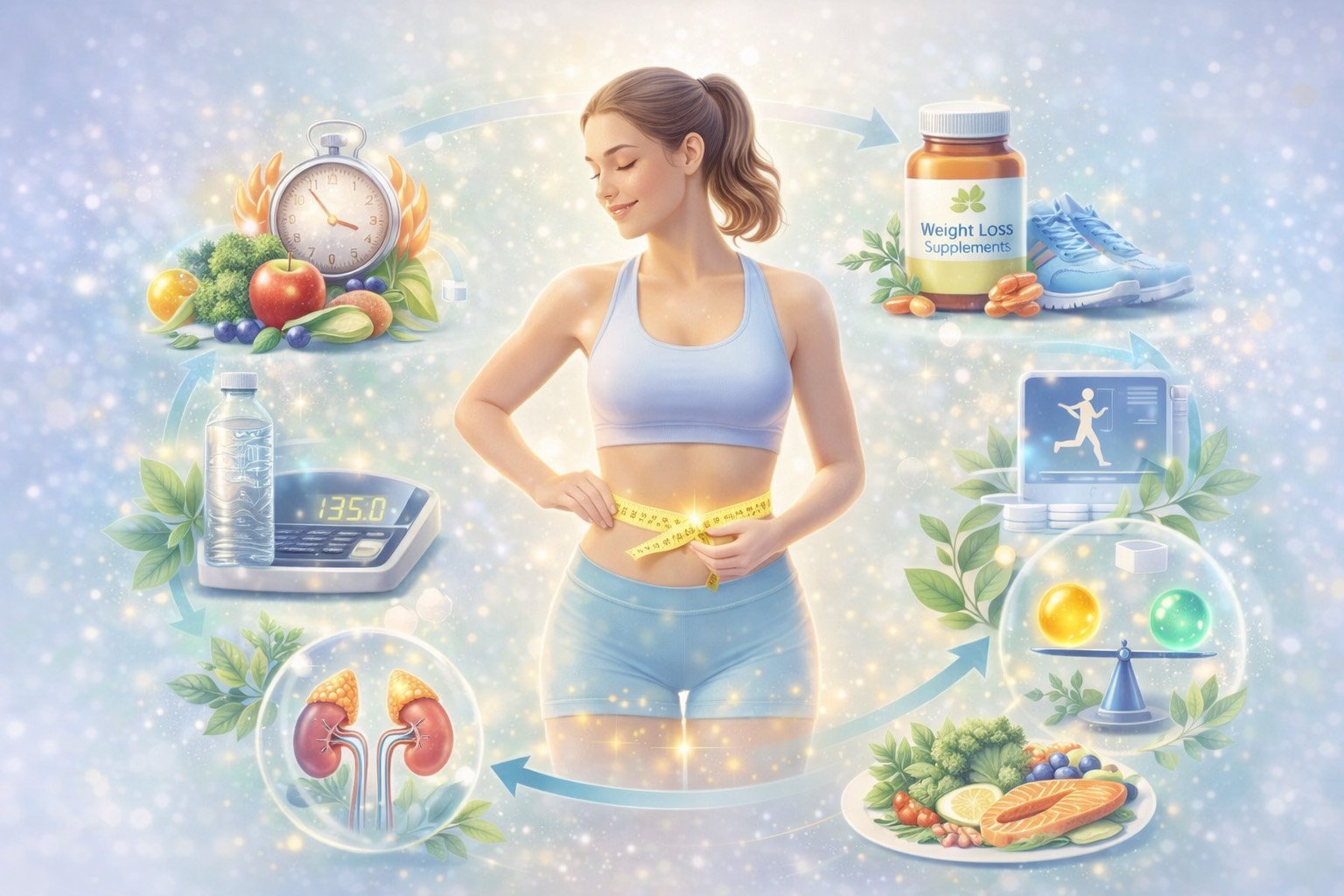 Weight loss illustration showing healthy diet, exercise, and metabolism supporting fat loss and overall health