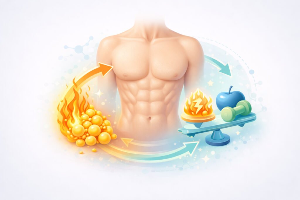 Illustration of a fit human body with fat burning and metabolism symbols representing healthy weight loss and body composition