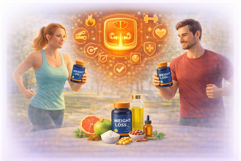 Active adults running while using weight loss supplements with ingredients that support metabolism and fat burning