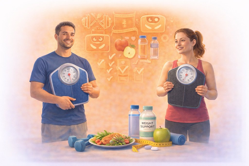 Young adults managing their weight using healthy habits such as balanced nutrition, exercise and lifestyle changes