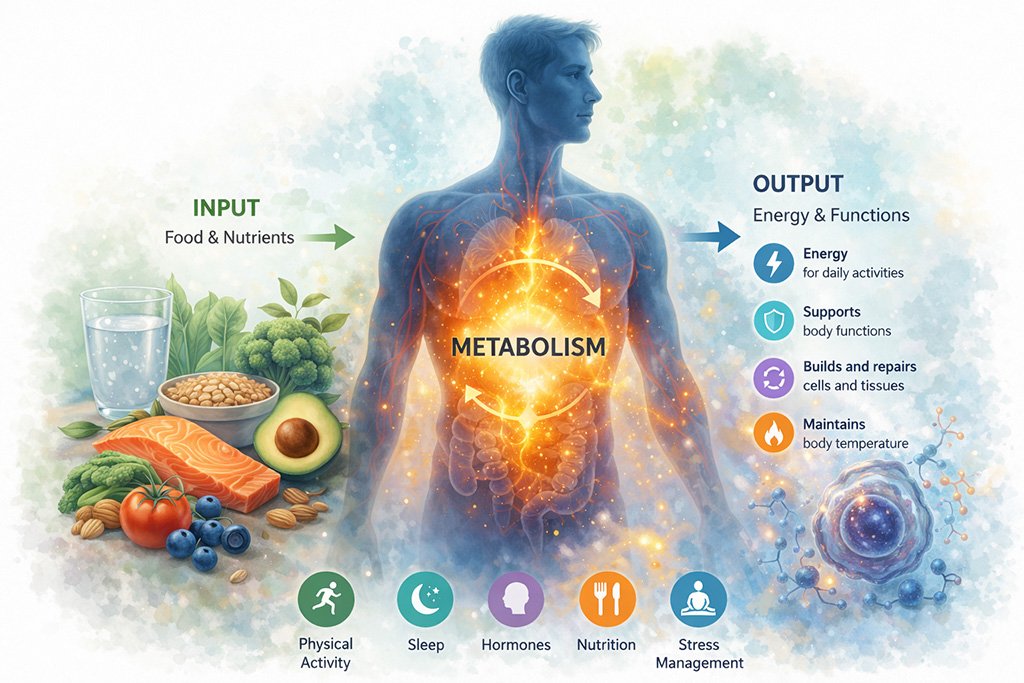 Metabolism process converting food and nutrients into energy for body functions