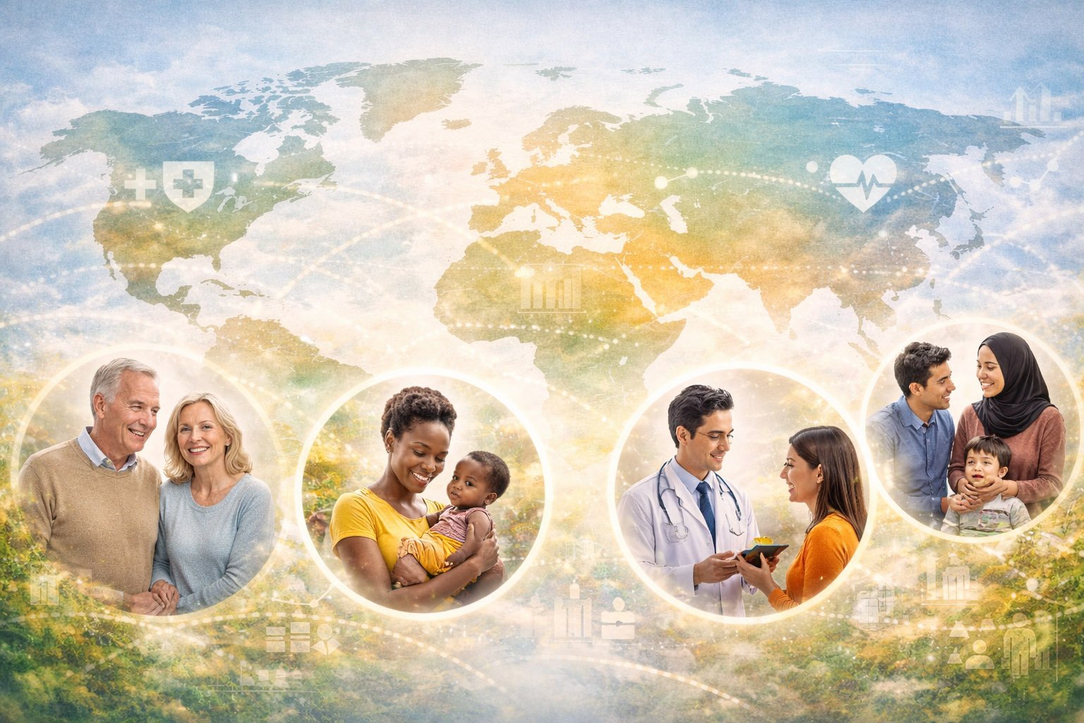 Illustration showing diverse people from different world regions connected by a global map representing how geography influences health and life expectancy