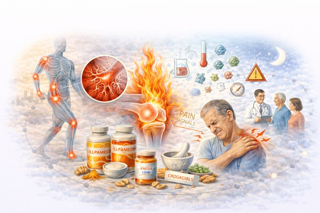 Illustration explaining how inflammation in joints and tissues can lead to pain signals and physical discomfort in the body