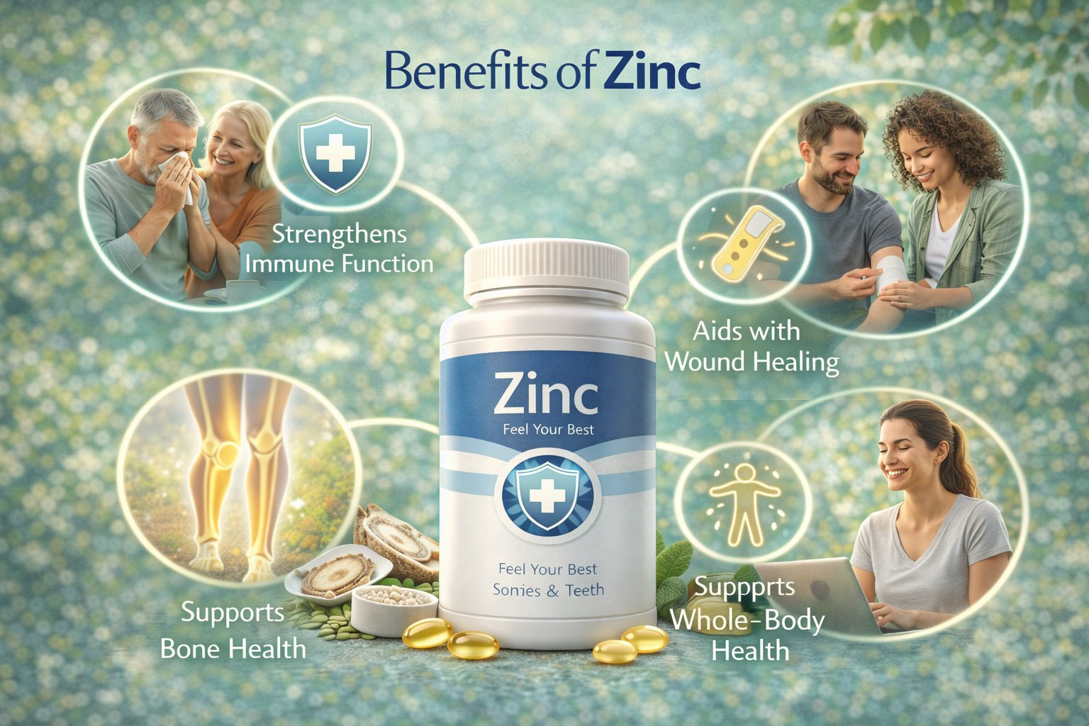 Infographic showing key benefits of zinc including immune support, wound healing, skin health, and antioxidant protection