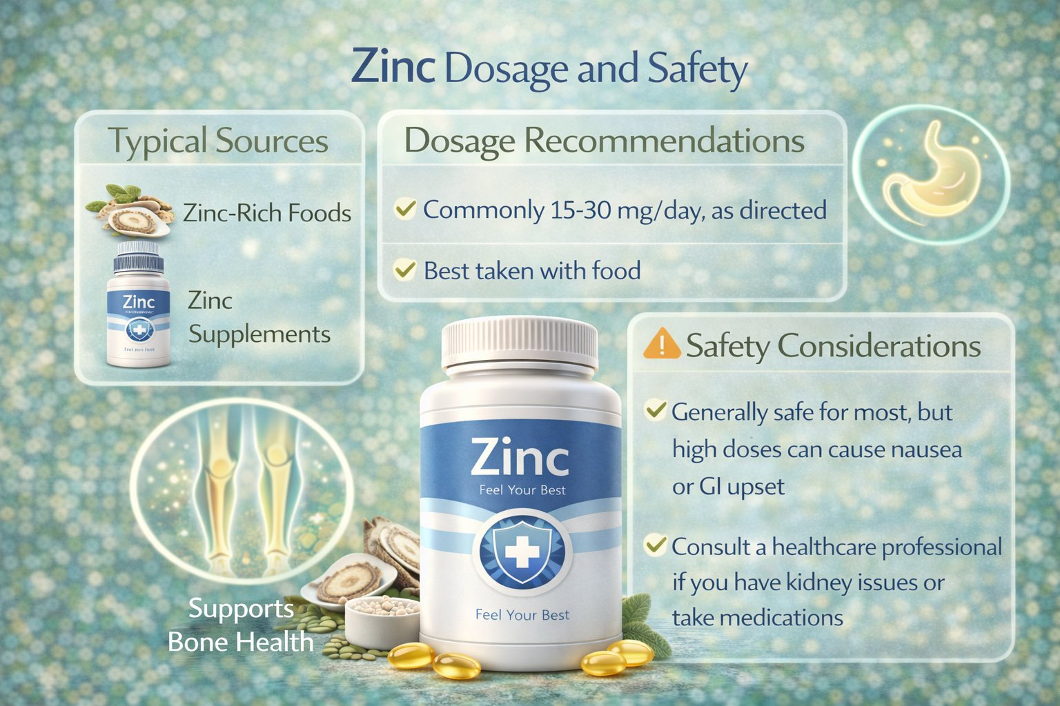 Infographic showing zinc dosage recommendations, safety guidelines, and proper supplement use for immune and overall health support