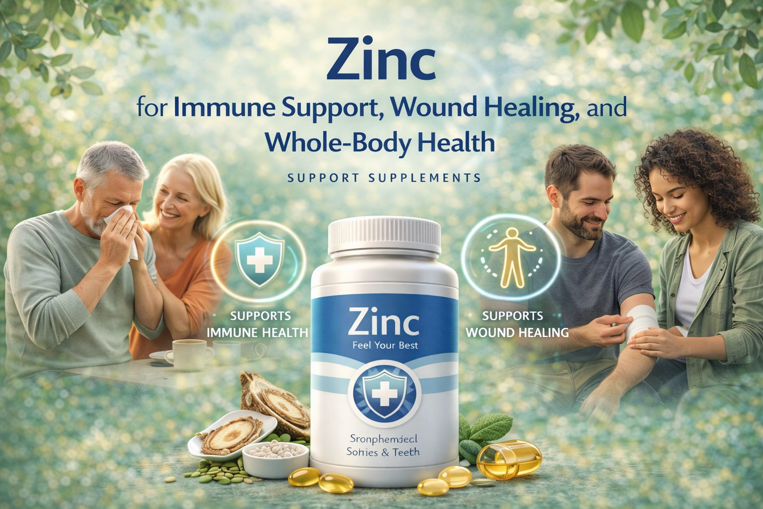 Zinc supplement infographic showing benefits for immune support, wound healing, skin health, and overall body function